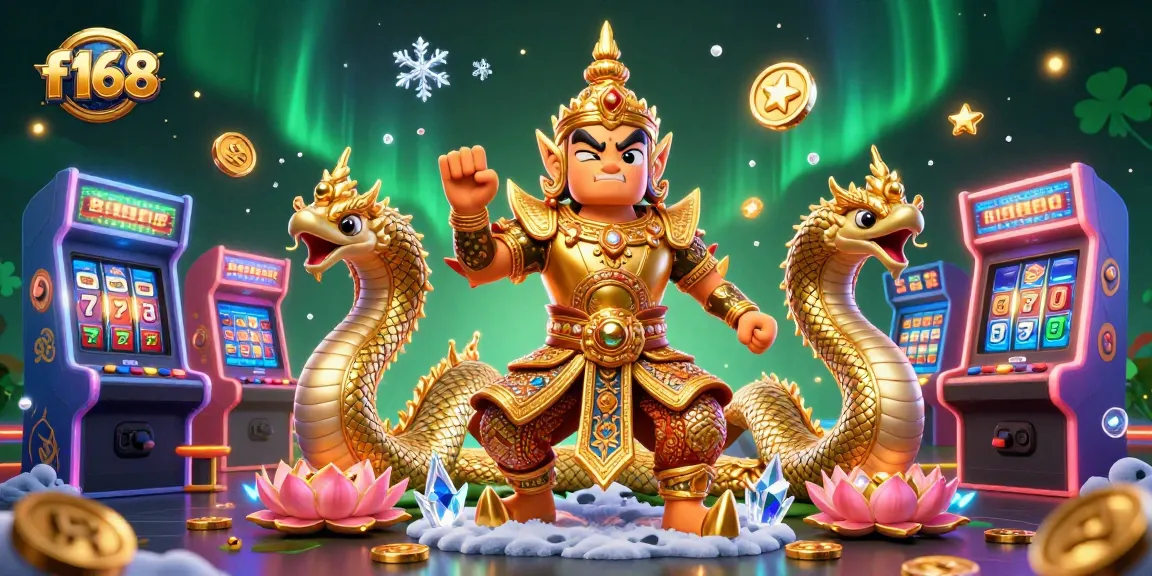 Win big with f168: A vibrant casino scene featuring a friendly yaksha guardian, dynamic game elements, and rich graphics.