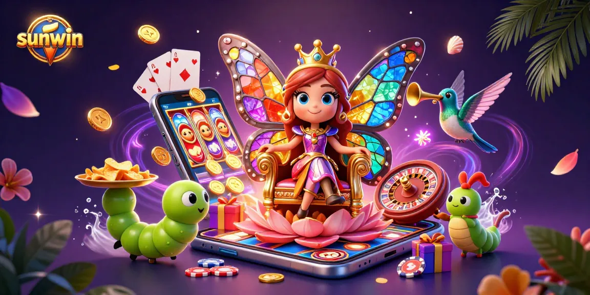 Experience the exciting world of sunwin as golden coins and colorful games surround a whimsical butterfly queen in this vibrant casino scene.