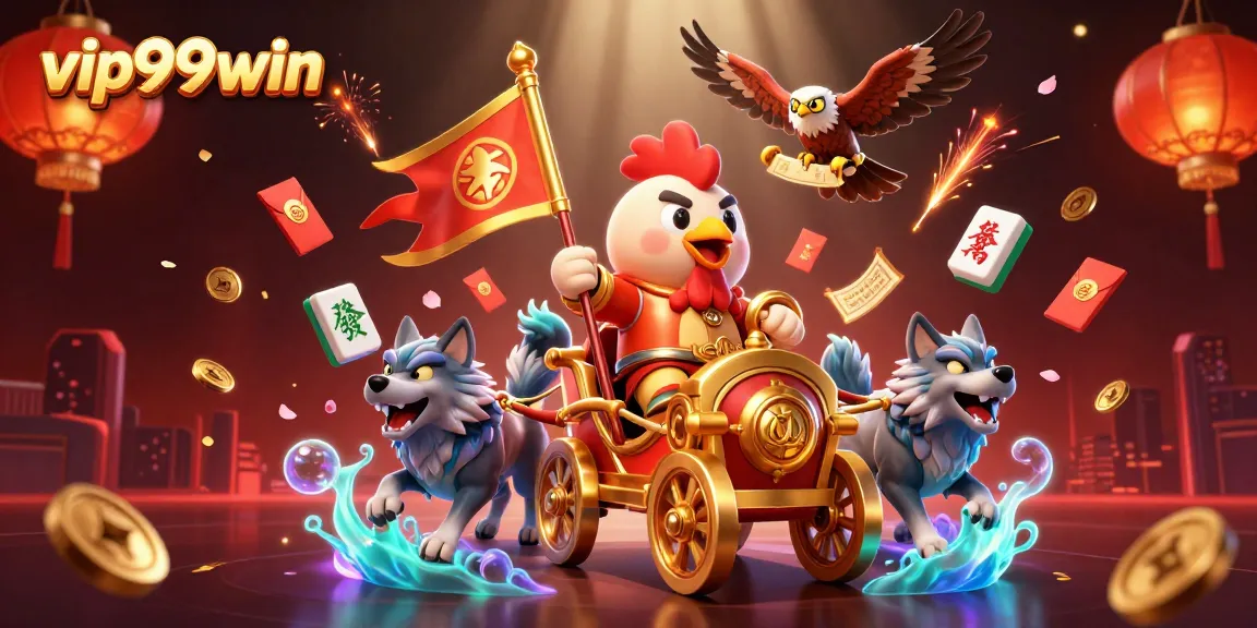 Engage in thrilling gaming with vip99win as a rooster warlord leads an epic battle among vibrant casino elements.