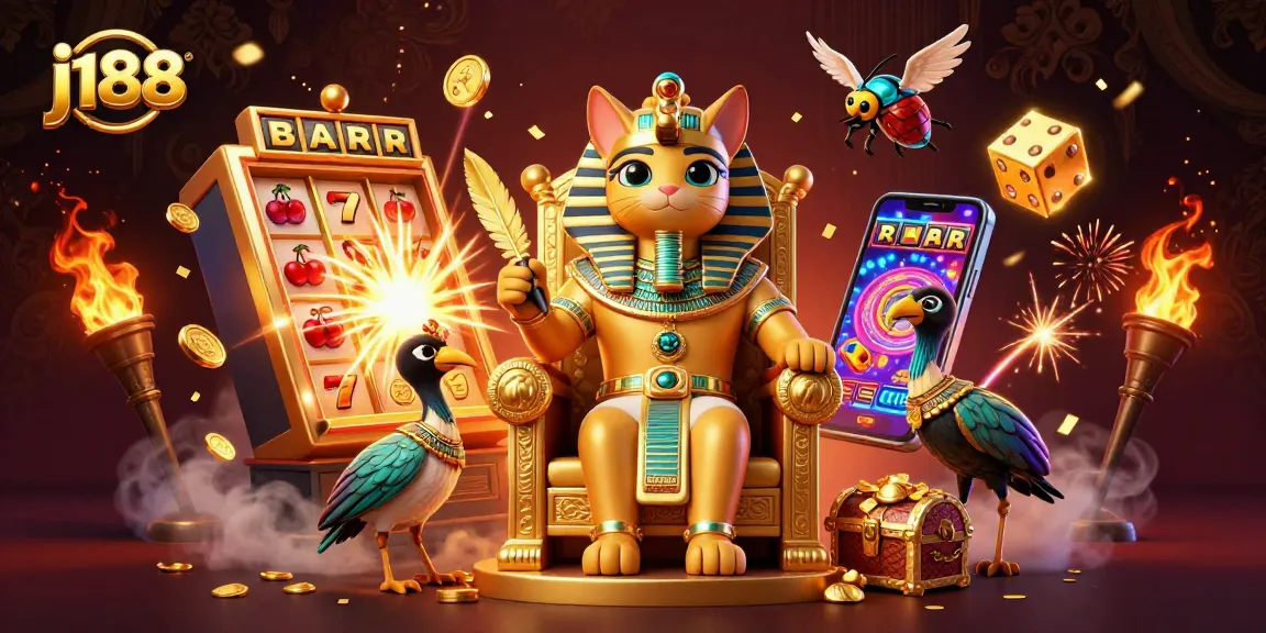 Experience thrilling jackpots with j188 as a pharaoh cat rules the casino scene, vibrant with gold coins and lucky symbols.