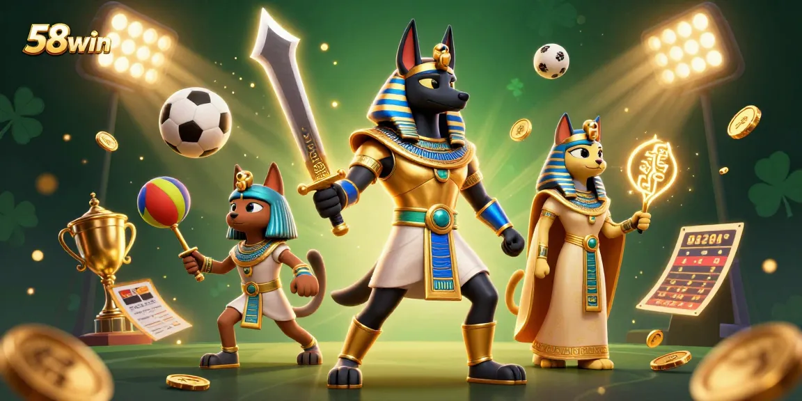 Engage in thrilling sports betting action at 58win with Anubis and Bastet amid dynamic sports elements.
