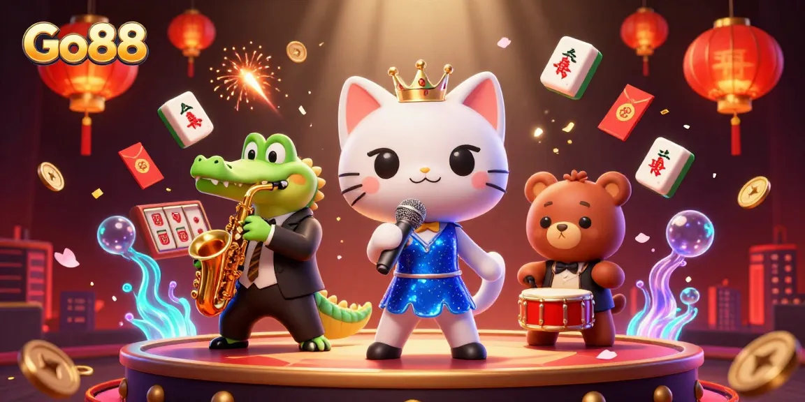 Engage in thrilling gaming at Go88 with vibrant visuals of a jazzy casino scene, featuring unique characters.