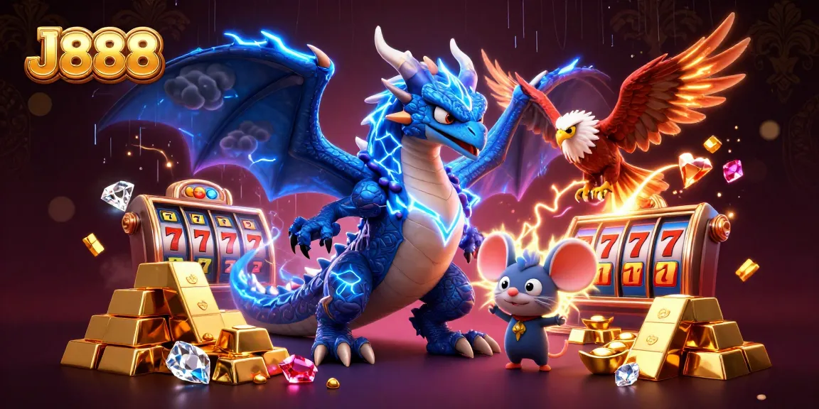 Experience exhilarating gaming action with J888 in a dynamic 3D scene featuring dragon mascots and thrilling jackpot elements.