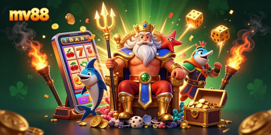 Spin to win with mv88, featuring Neptune and dazzling casino elements in a vibrant scene.
