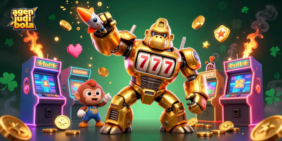 Win big with agen judi bola, featuring a golden gorilla mech surrounded by vibrant gaming elements.