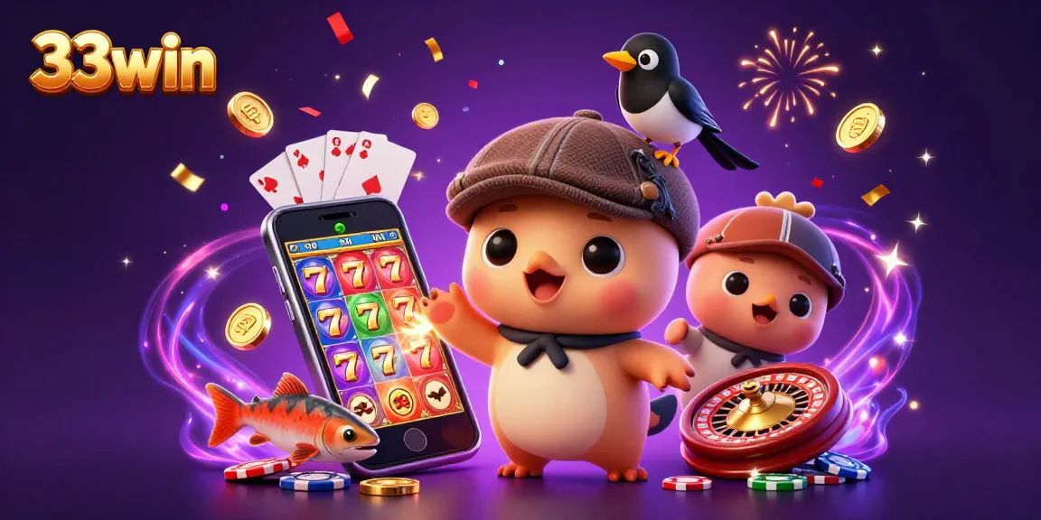 Interactive 3D casino scene with 33win showcasing a playful Nessie and colorful slot elements.