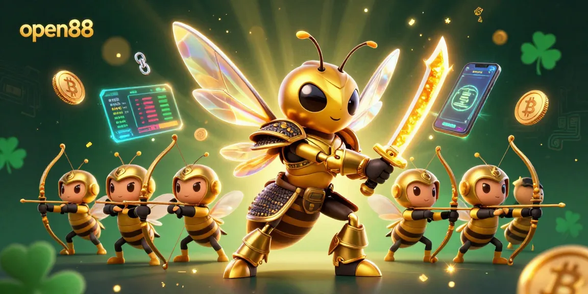 Experience the action at open88 with a golden hornet samurai amidst 3D crypto elements and vibrant casino motifs.