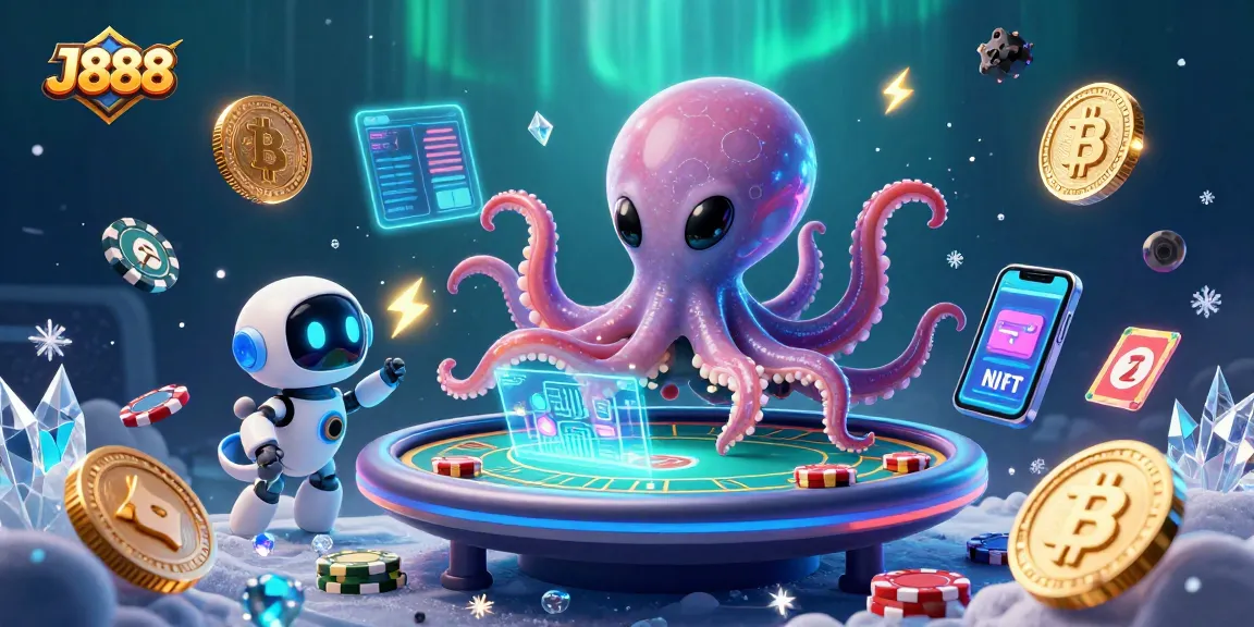 Engage with J888 as the alien octopus deals holographic poker in an exciting cosmic casino scene.