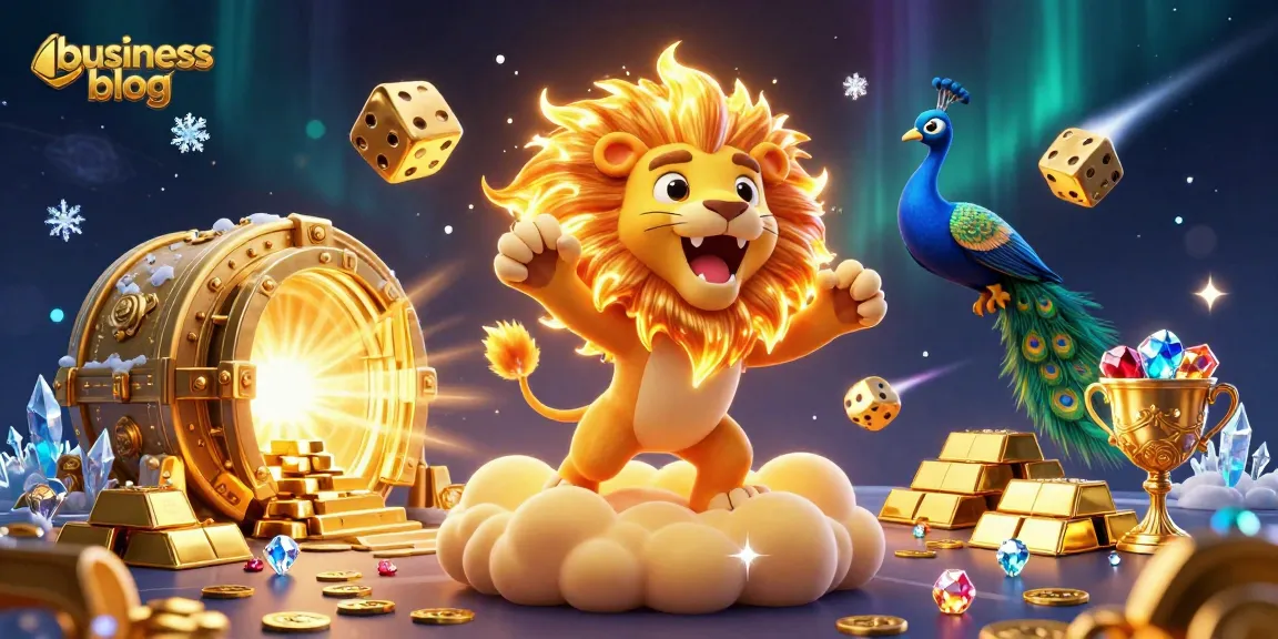 Engage with the vibrant business blog scene showcasing casino elements and a roaring lion.