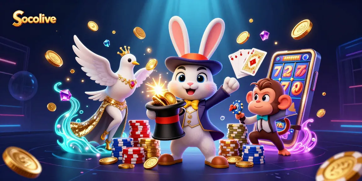Socolive showcases a magical scene with dynamic characters and vibrant casino elements, perfect for online gambling enthusiasts.