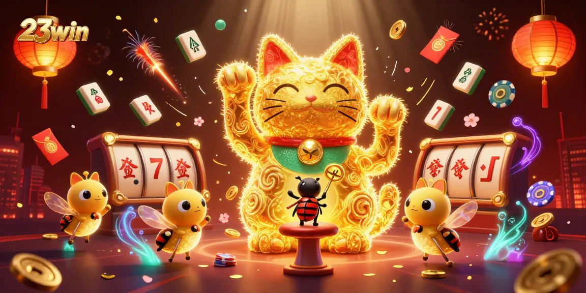 Experience the vibrant action of 23win with a lucky cat surrounded by dynamic casino symbols and decor.