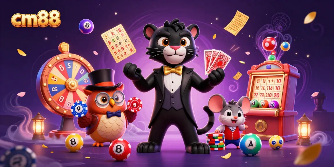 Experience cm88 with a colorful casino scene featuring a panther dealing cards and a lucky mouse among dynamic game elements.