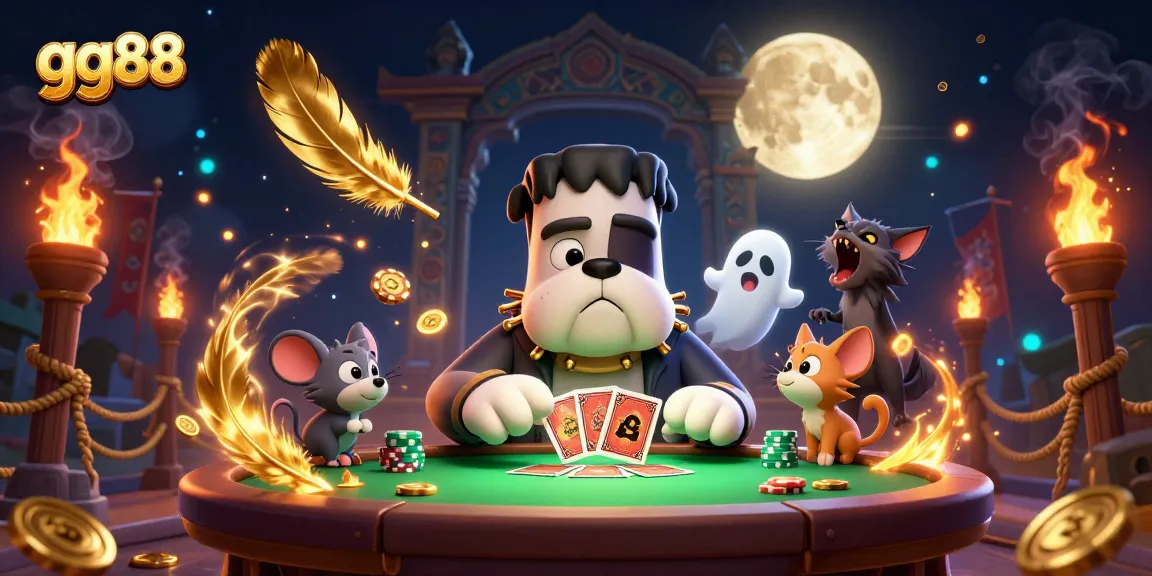 Play exciting games at gg88 with a vibrant scene of playful characters and a spooky casino vibe.