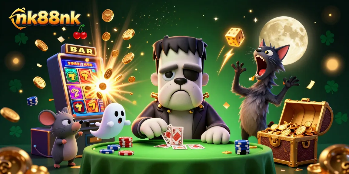 Engage with nk88nk's thrilling casino games as a Frankenstein bulldog dealers cards surrounded by vibrant action!